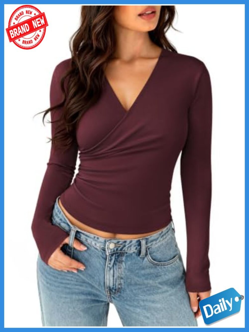 Women's Long Sleeve Wrap V-Neck Top Ruched Dressy Blouse